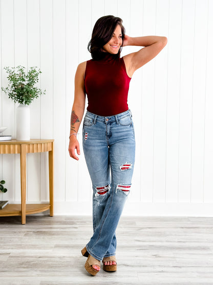 Judy Blue Plaid for You Mid Rise Medium Wash Bootcut Jeans With Patch Detail